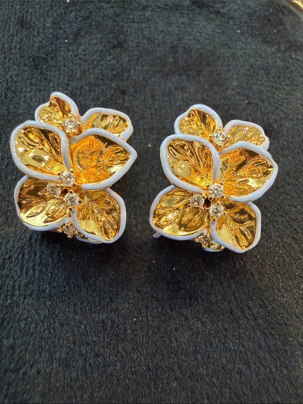 Gold Floral Statement Earrings | White Enamel Flower Studs